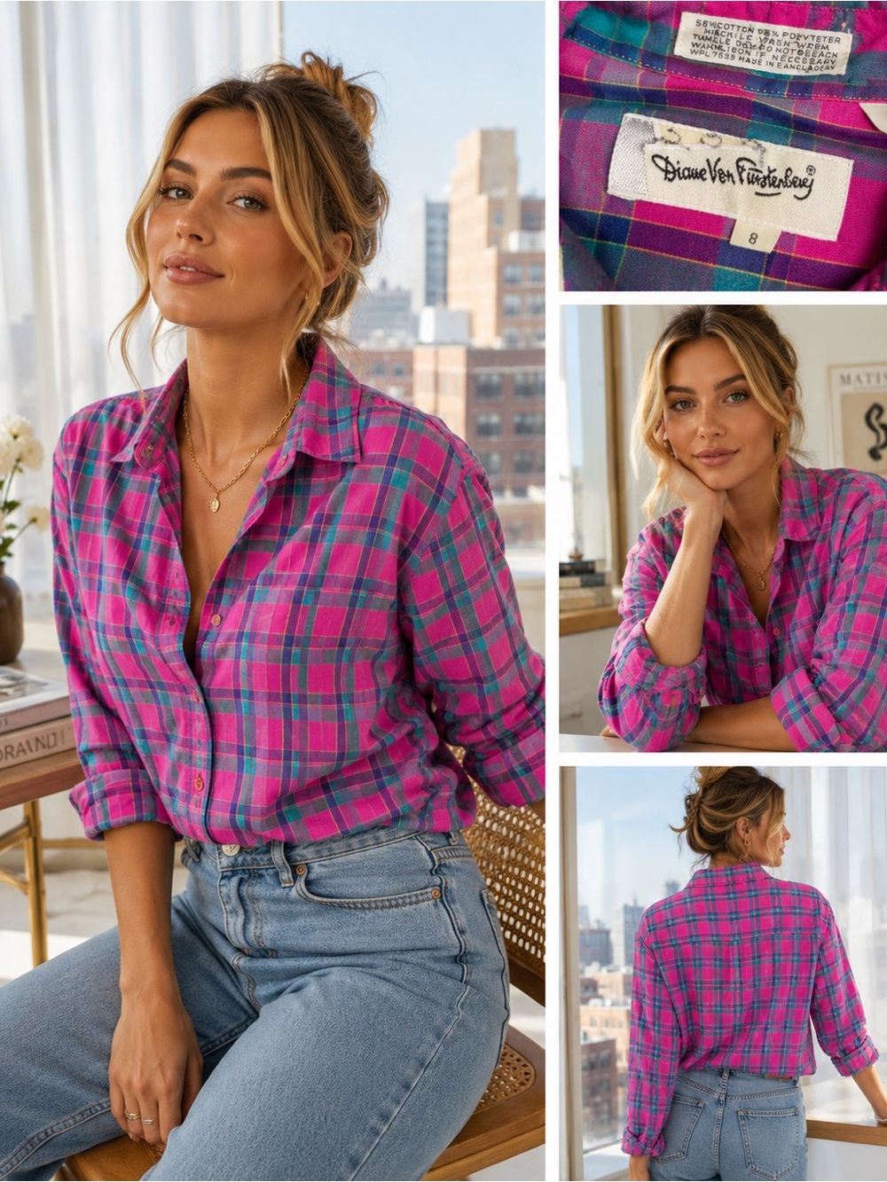 Diane Von Furstenberg Button-Up Shirt Womens Size 8 Pink Teal Plaid